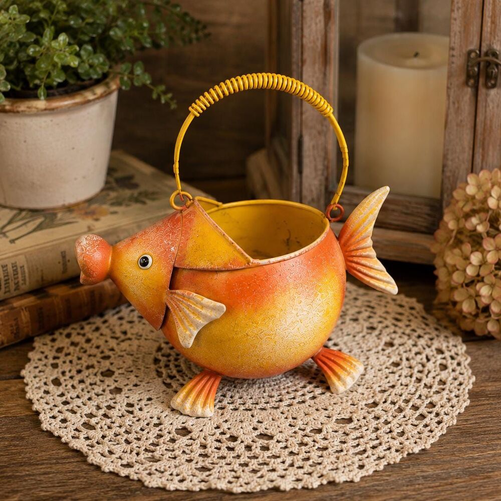 Vintage Fish Shaped Metal Watering Can Orange Yellow Garden Decor